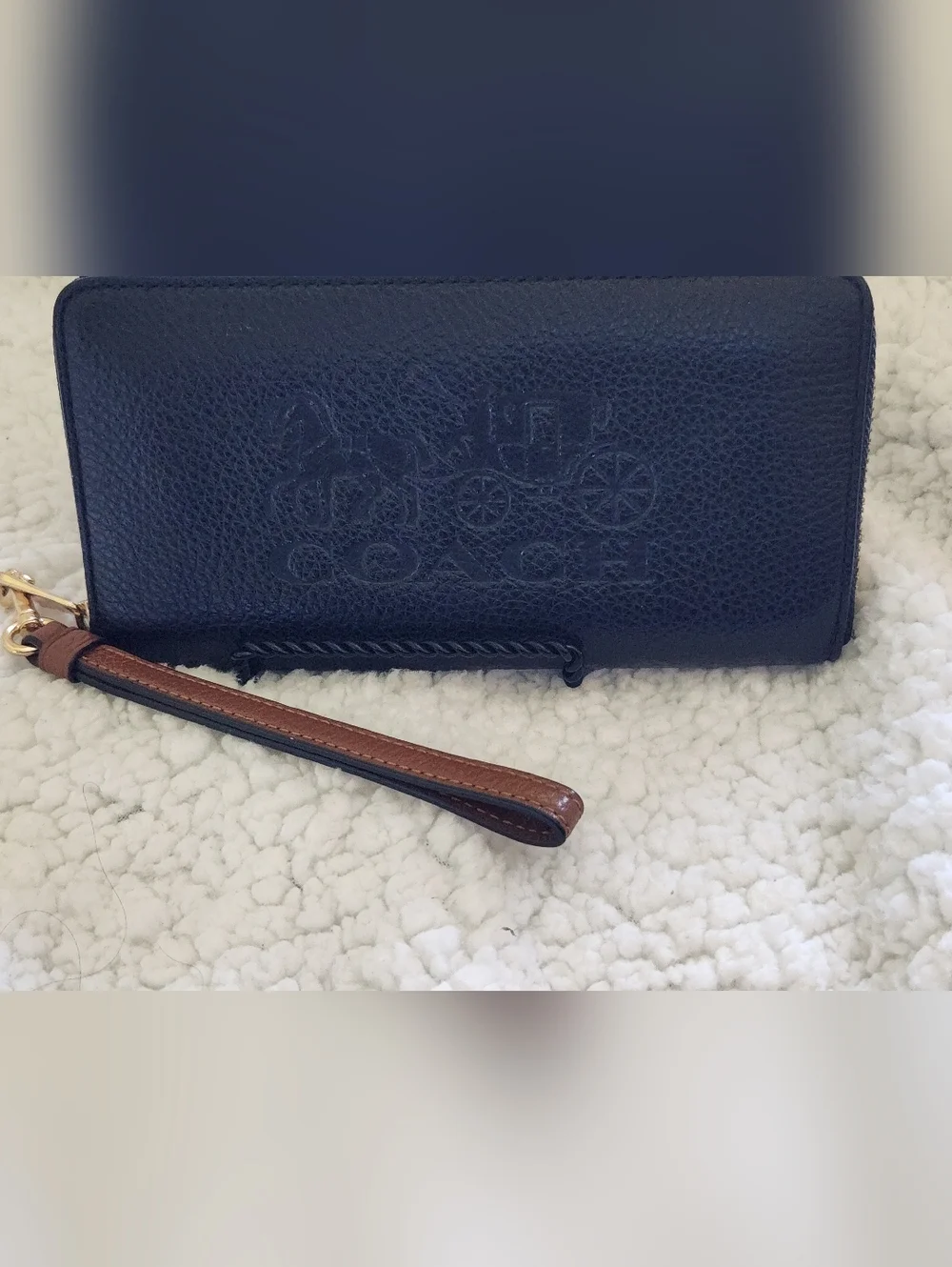 Coach Black Pebbled Leather Wallet/Wristlet with Brown Strap